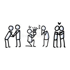 four stick figures are standing in a line and one is pointing at the other man