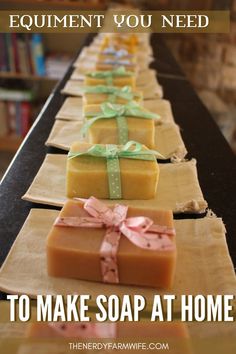 soap bars lined up on top of each other with ribbons around them and the words, how to make soap at home