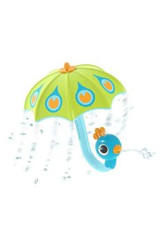 a blue and green bird holding an umbrella