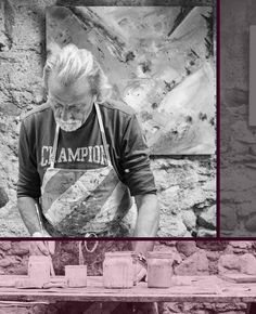 an old man is working on something in front of a brick wall and two photos of him