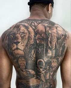 the back of a man's body with tattoos on his chest and an image of elephants