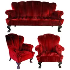 two red velvet sofas and one chair are shown in three different angles, with the same