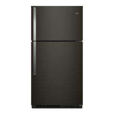 a black refrigerator freezer sitting on top of a white wall