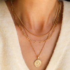 This Zodiac Necklace is a gold pendant necklace you will adore! You can choose your zodiac sign or your loved one's - how cute is that! Layer with other necklaces or wear it as statement jewelry. Coin size: 18 mm, thickness: 2 mm Spring ring clasp (6mm) 18K gold plated coin 14K gold filled chain (Cable, Figaro or Satellite) Comes with 2" extender Nickel-free Everyday Gold Necklace, Star Sign Necklace, Gold Ideas, Jewelry Stack, Astrology Necklace, Zodiac Pendant Necklace, Necklace Stack, Necklace Star, Sign Necklace