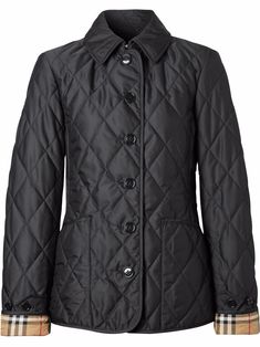 Black cotton-blend Diamond Quilted Thermoregulated jacket from BURBERRY featuring diamond quilting, classic collar, front button fastening, two front patch pockets, tonal stitching, long sleeves, turn-up cuffs, checked lining and slim cut. | Burberry Diamond Quilted Thermoregulated jacket تلوث المياه, Burberry Quilted Jacket, Burberry Touch, Checked Jacket, Burberry Jacket, Heritage Fashion, Women Diamond, Van Cleef Arpels, Burberry Women