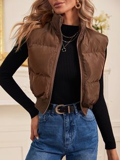 Brown Sleeveless Puffer Jacket Outfit, Brown Cropped Puffer Vest Outfit, Dark Brown Vest Outfit, Outfits With Brown Vest, Brown Cropped Vest Outfit, Clean Outfits For Women, Short Vest Outfits For Women, Brown Vest Outfits For Women, Tan Vest Outfits For Women