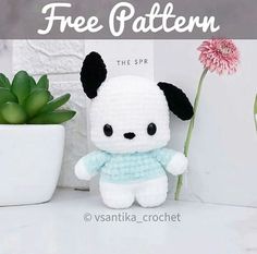 there is a small stuffed animal next to a potted plant on the counter with text overlay that says free pattern