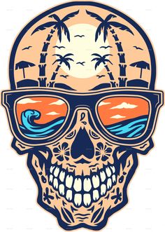 a skull wearing sunglasses with palm trees in the background