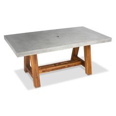 a concrete table with wooden legs on a white background