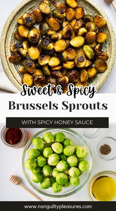 brussel sprouts with spicy honey sauce in a bowl and on a plate