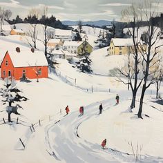 a painting of people walking in the snow near a red house and trees with no leaves