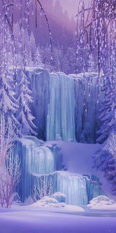 a frozen waterfall surrounded by snow covered trees