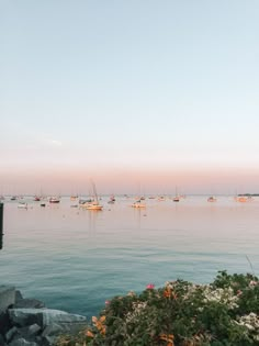 boats are in the water at sunset on a clear day with no one around them