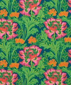 a green background with pink and orange flowers