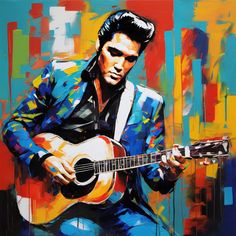 a painting of elvis presley playing an acoustic guitar