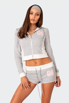 PRODUCT INFO Hoodie Zip front closure Embroidered applique Cotton, Spandex Model wears size S Model height is 5'9 Item care: Wash with similar color Sporty Hoodie, Crop Hoodie, Girly Outfits, Zip Up Hoodie, Outfits Casuales, Cropped Hoodie, S Models, Look Fashion