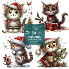 four christmas kittens with presents and decorations