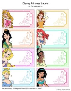 disney princess labels that are all different colors and sizes, with the names on them