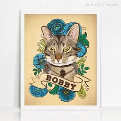 an image of a cat with flowers on it's head and the word bob