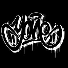 an image of graffiti written in black and white on a dark background with spray paint