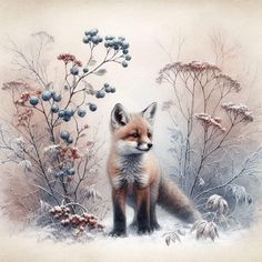 a painting of a fox standing in the snow with berries on it's head