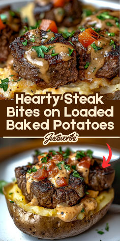 steak bites on loaded baked potatoes