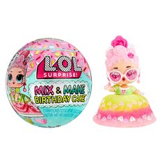 a pink and yellow birthday cake next to a toy doll with sunglasses on it's head