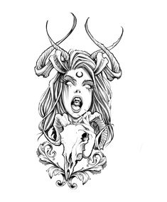 a drawing of a woman with horns on her head and an animal in her mouth