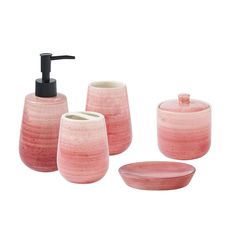 pink bathroom accessories set with soap dispenser and dish