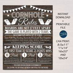 this is an image of a printable cornhole rules sign for the game room