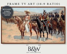 an image of a group of men on horses in the desert with text that reads frame art 16 9 ratto