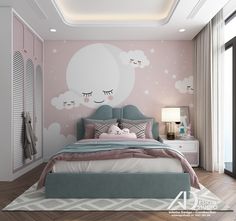 a bedroom decorated in pastel colors with clouds and stars on the wall