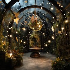 the inside of a building with lights and plants