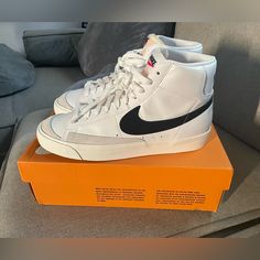 Nike W Blazer Mid 77 In White And Black In Men’s 9/Women’s 10.5 Worn Once For Pictures. Original Inserts Never Used. Used Orthotics. Reasonable Offers Will Be Accepted. Box Arrived Damaged From Seller. Nike Blazer Mid 77 Women, White Nike High Tops, Nike Hightop, Blazer 77, Blazer Mid 77 Vintage, Nike Blazer Mid 77, Nike Blazer Mid, Nike Blazers Mid, Nike Vintage