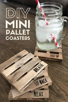 diy mini pallet coasters made out of wood and mason jars with red and white striped straws