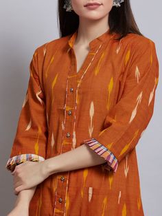 Buy Rust Cotton Ikat Kurta online at Theloom Printed Kurti Designs, Neck Patterns, Latest Kurti