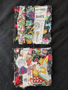 two pieces of fabric are sitting on a black table cloth, one is decorated with flowers and the other has an old fashioned bake sign