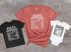 Aunt Niece Nephew Nutritional Facts Shirts, Funny Matching Aunt And Me Outfit, New Aunt Baby Clothes, Auntie Nutrition Fact Tshirt,Aunt Bday 👉How Do I Order👈 1️⃣ Please review all the information provided before placing an order 2️⃣ Select the shirt size using the drop down menu. 3️⃣ Select the color of the shirt using the following drop down menu. * * Different styles of shirts may have different shades of same color choice due to different manufacturer brands. * * For this reason, we recommend you to match shirts from the same styles if you want precisely matching colors (ex. Unisex, V-necks, Toddler, etc.). 4️⃣ Need more Items? Add the current item in the cart. And If you like to add more items to your order please press the back button and repeat steps 1-3 again. 5️⃣ Once all your de Aunt T Shirts Ideas, Aunt And Niece Shirts, Aunt And Nephew, Aunt Baby Clothes, Nephew Shirts, Aunt Baby, Baby Aunt, Baby Shower Shirts, Aunt Niece