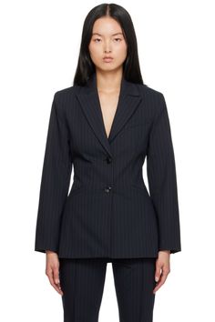 Navy Striped Blazer by GANNI on Sale Striped Blazer Outfit, Women In Paris, Navy Blazer Outfits, Looks Kylie Jenner, Blazer Set, French Girls, Classic Blazer, Striped Blazer, Blazer Outfits