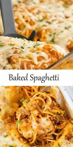 baked spaghetti in a casserole dish with cheese and parsley