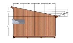 the side view of a wooden shed with measurements for the roof and wall, showing the height