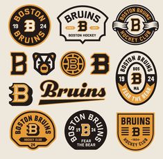 the boston hockey team's logos and emblems are shown in black, yellow and white