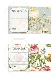 two envelopes with flowers on them and the words garden seeds written in large letters