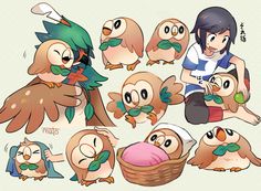 an anime character with lots of different owls