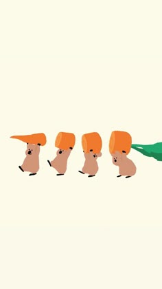 a group of birds with orange hats on their heads