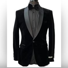 Formal Black Velvet Blazer Black Satin Lapel & Pocket Detailing Slim Fit Matching Bow-Tie Included Wore One Time For About 20 Mins (Excellent Condition) Size 3x Black Velvet Blazer, Velvet Blazer, Blazer Black, Black Blazer, Black Blazers, Colored Blazer, Pocket Detail, Black Satin, Black Velvet