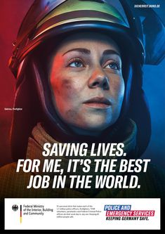 a woman wearing a helmet with the words saving lives for me, it's the best job in the world