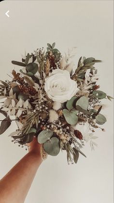 a hand holding a bouquet with white flowers and greenery