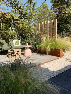 a bench and some plants in a garden