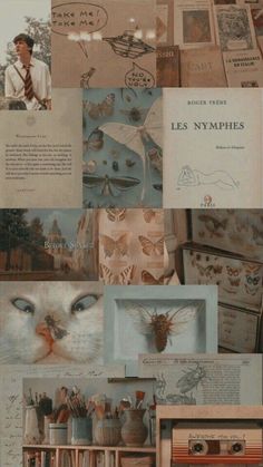 collage of pictures with cats, books and other things in them that are all over the place